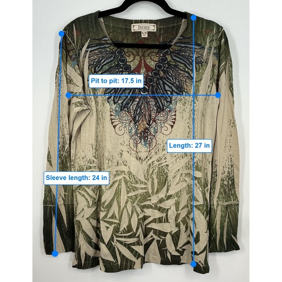 Decree XL Long Sleeve Statement Graphic Top Green Cream Bamboo Nature Print - Picture 7 of 8